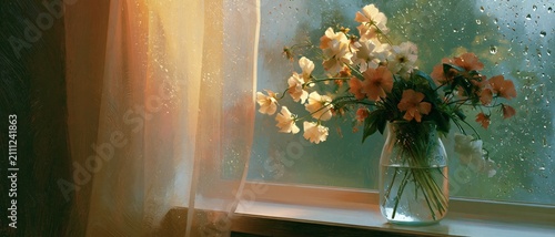 Vibrant bouquet of pastel flowers sitting on window ledge during soft rainy afternoon light.