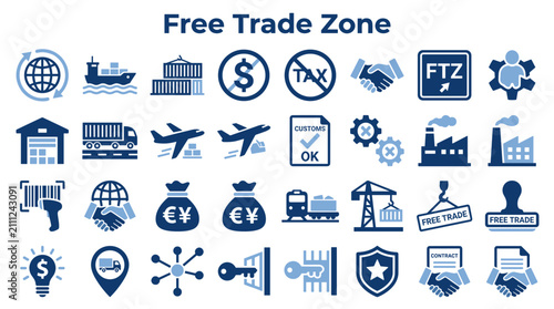 Fotografie Set of business and logistic icons representing free trade zone operations inclu