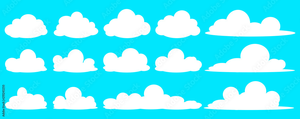 Fototapeta premium set of vector illustrations of clumpy clouds, cloud bubbles in flat style on a blue background 