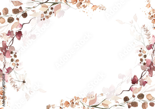 Watercolor floral and fall foliage corner frame. Red, burgundy, brown, beige and pink autumn wild flowers, eucalyptus branches, leaves and twigs. Fall nature hand drawn design clipart.