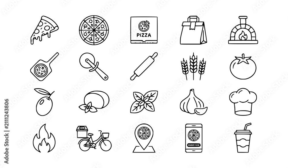 Fototapeta premium Modern Pizza Restaurant Line Icons Vector Collection for Food Branding and Menus