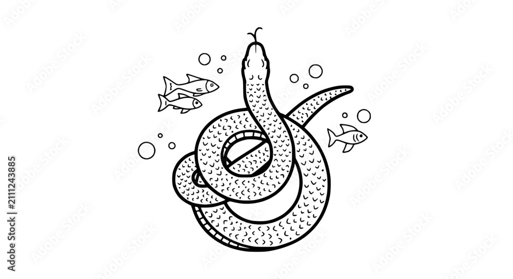 Fototapeta premium Minimalist line art illustration of a marine snake and small fish underwater