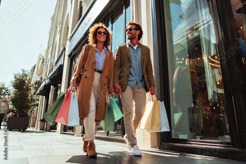 Couple walks together while shopping on a sunny day in an urban shopping area