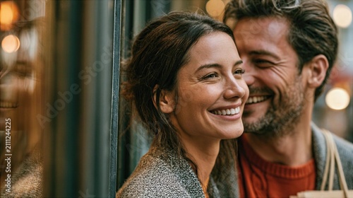 Couple enjoys time together at a cafe in the city during the evening hours