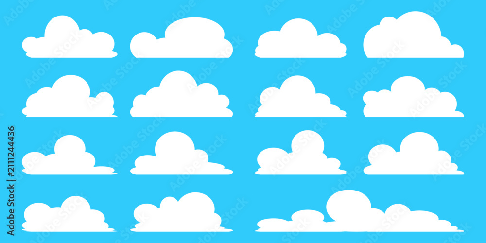 Fototapeta premium set of vector illustrations of clumpy clouds, cloud bubbles in flat style on a blue background 