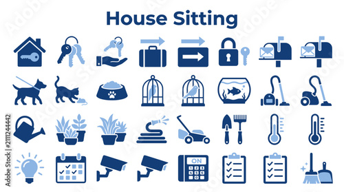House sitting service icons set featuring property maintenance pet care security and home management tasks in blue color