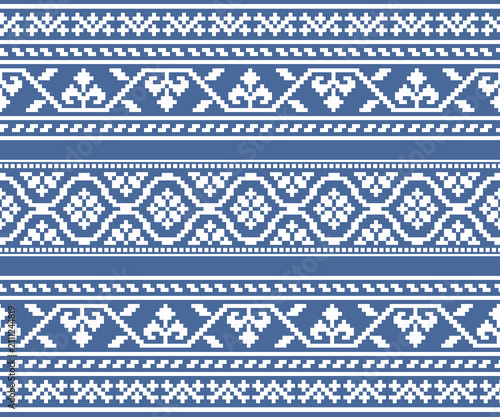 Seamless horizontal geometric floral and leaf pattern designed for backgrounds, decorations, fabrics, and clothing.