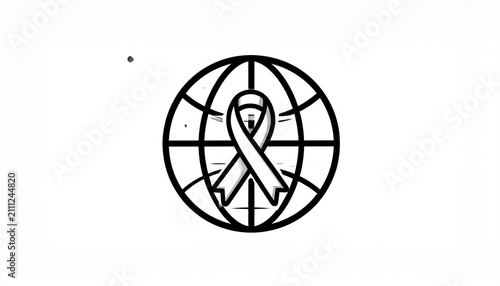 Black and white illustration of an awareness ribbon over a globe for global health solidarity
