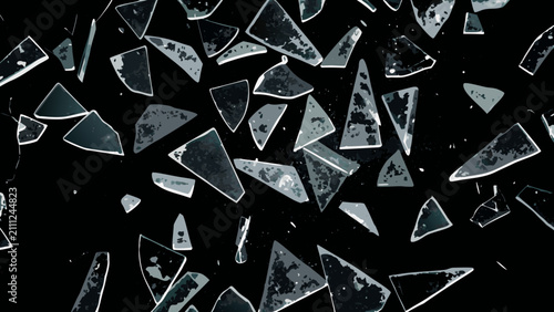 Obraz na płótnie Shattered glass fragments against a black background depict numerous irregular s