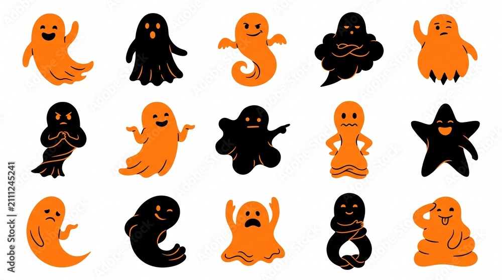 Fototapeta premium Set of cute orange and black ghost stickers for halloween party decorations and creative craft projects
