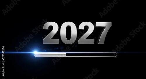 Shiny silver 2027 year number with a loading progress bar