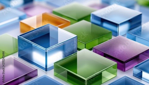 Colorful abstract glass boxes and geometric 3D composition with reflective surfaces