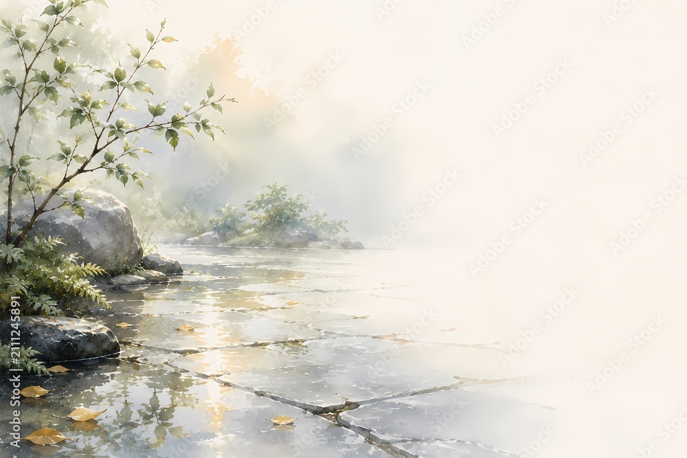 Obraz premium Rain Soaked Stone Garden Watercolor with Soft Reflections and Tranquil Light