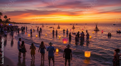 People releasing lanterns on beach at sunset.