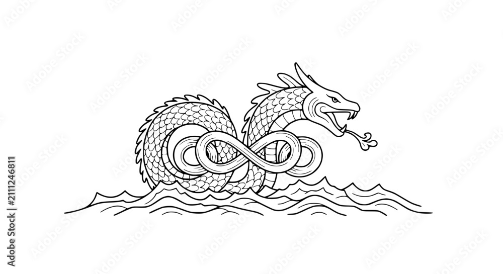 Fototapeta premium Mythical Sea Serpent Emerging From Waves In Infinity Shape Line Art