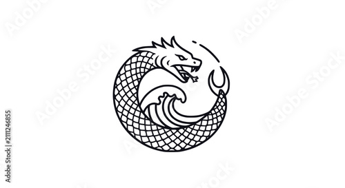 Εκτύπωση καμβά Mythical Sea Serpent Circular Emblem with Ocean Waves and Dragon Scales