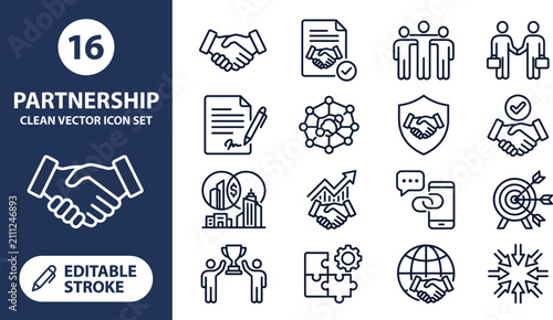 Business partnership and collaboration line icon set featuring handshake symbols for corporate communication and team strategy