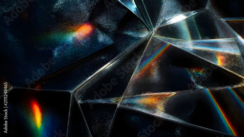 Dark oil painting texture refracted through overlapping holographic glass prisms, creating luminous rainbow reflections, rich impasto brushstrokes, and a sophisticated multidimensional abstract backgr