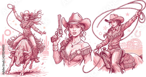 Obraz na płótnie Created on hand drawn Pink cowgirl portrait illustration set with rodeo girl on