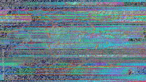 Digital glitch distorting colorful screen with horizontal banding, horizontal shift, flat view, pixelation