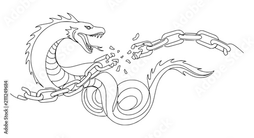 Powerful mythical dragon breaking free from metal chains vector line art illustration