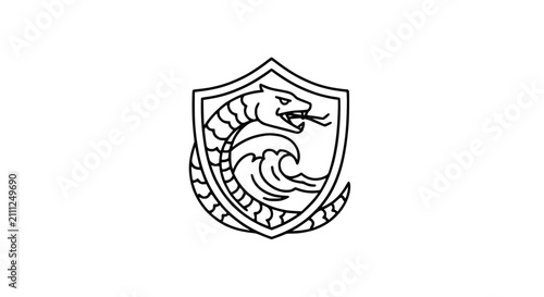 Powerful Snake Serpent in Shield Crest with Ocean Waves Line Art