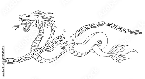 Powerful Mythical Dragon Breaking Free From Metal Chains Line Art Vector Illustration