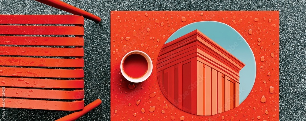 Obraz premium Overhead view of red table and chair with circular architectural reflection and raindrops