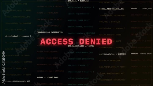Access denied message glitching on codefilled dark interface with horizontal motion blur, dark code interface, horizontal shift, centered composition
