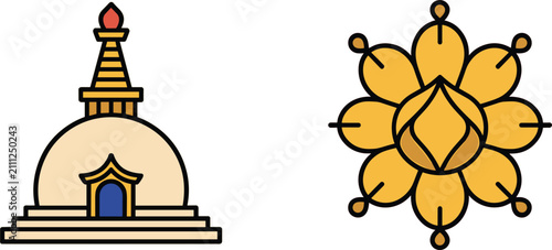 Photography Buddhist stupa temple and golden lotus flower icon vector set, religious concept