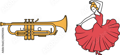 Spanish flamenco dancer woman in red dress and brass trumpet vector set