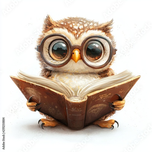 Cute Owl with Glasses Reading a Book in a Whimsical Style