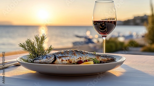 Grilled fish dinner with red wine, ocean backdrop at sunset, romantic ambiance