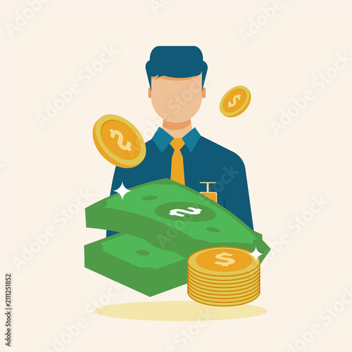 Successful businessman earning money with stacks of cash and gold coins in flat illustration