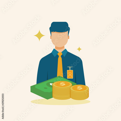 Successful employee standing with gold coins and cash symbolizing wealth and financial growth