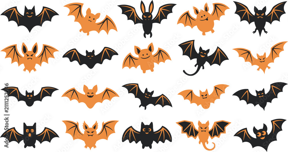 Fototapeta premium A collection of various black and orange halloween bat illustrations arranged in a grid pattern on a clean white background for design