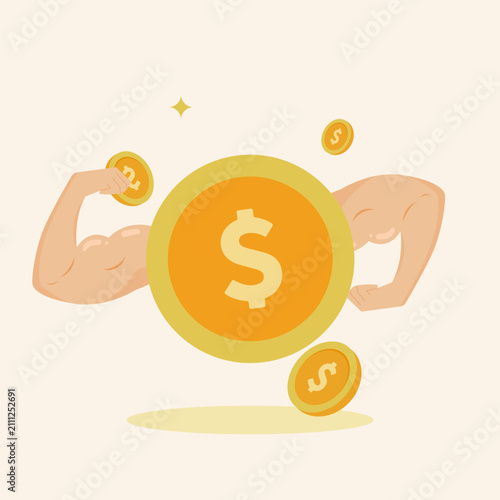 Muscular arms flexing beside a golden dollar coin symbolizing currency strength and growth