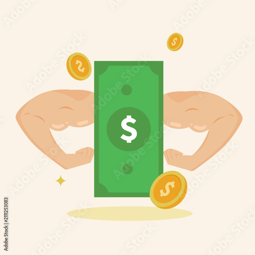 Muscular dollar banknote flexing biceps with floating coins showing economic strength