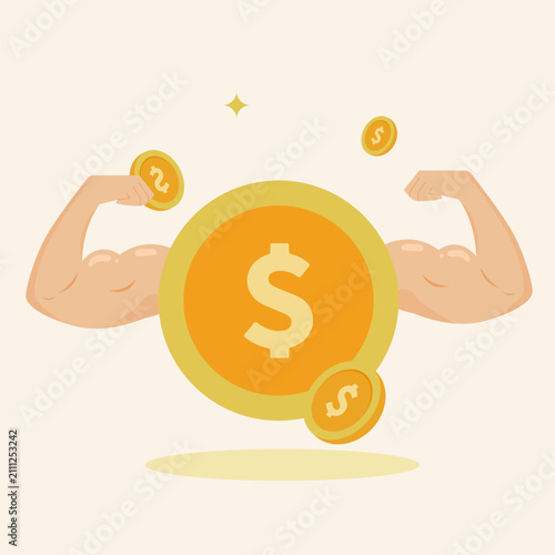 Golden dollar coin with strong muscular arms symbolizing financial power and economic growth