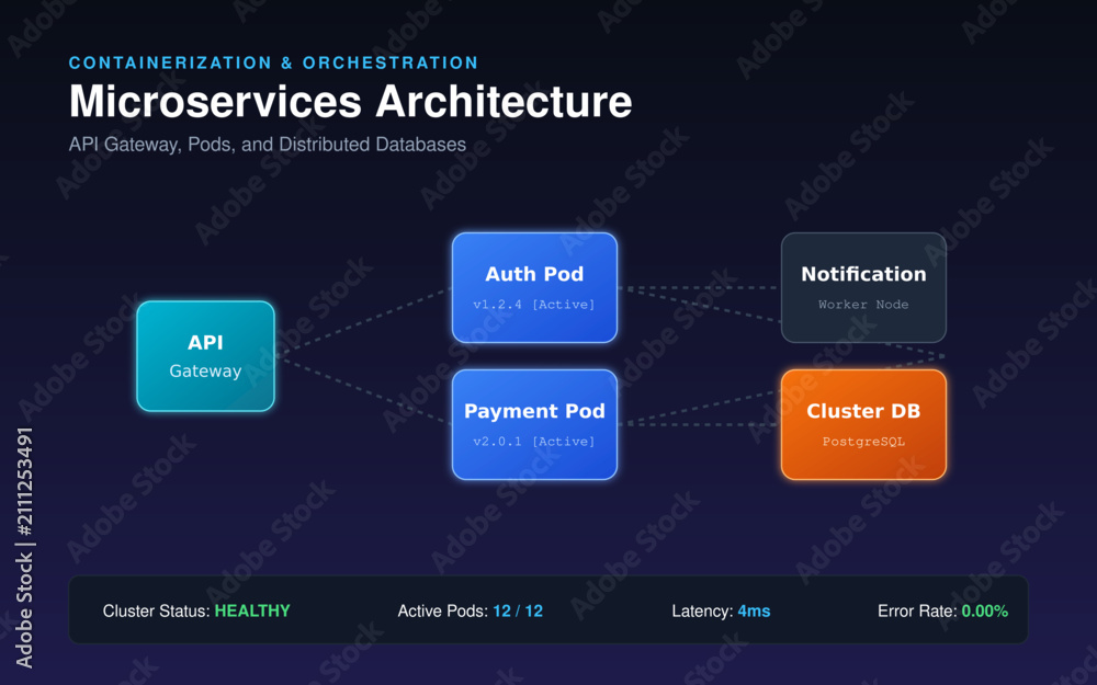 Naklejka premium Microservices architecture vector illustration with API gateway, pods, distributed database, and cluster metrics for cloud computing, containerization, and backend development concepts.