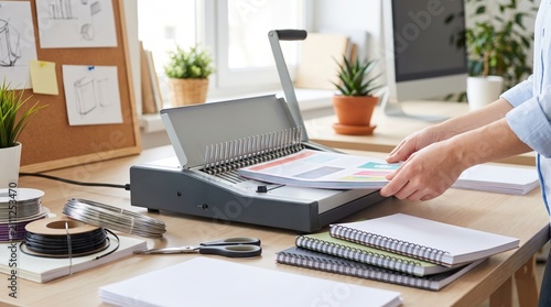 Manual comb binding machine for office document finishing, report preparation, business presentations and organized paperwork.