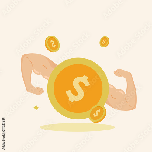 Strong gold dollar coin with muscular arms representing financial power and economic stability