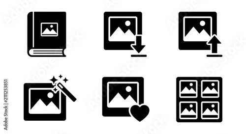 Fotografie Photo Album And Image Editing Icons In Black Silhouette
