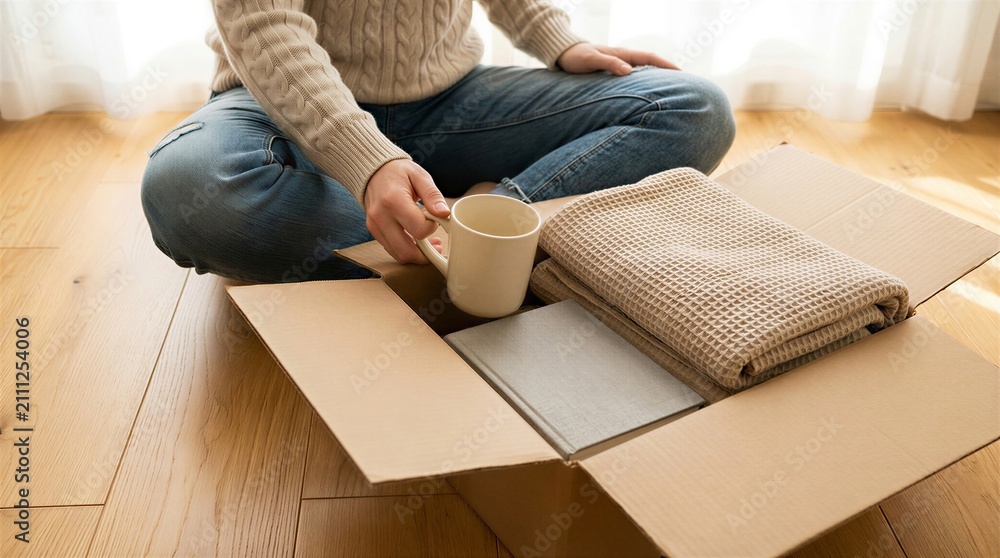 Fototapeta premium Person Unpacking Cardboard Box with College Essentials on Oak Floor