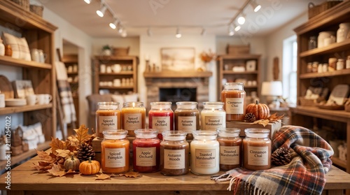 Autumn scented candle collection displayed in a cozy home interior, seasonal fragrance, relaxing self care and handmade gift inspiration.