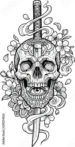 Katana sword piercing a human skull surrounded by blooming cherry blossoms creates a striking Japanese aesthetic illustration.
