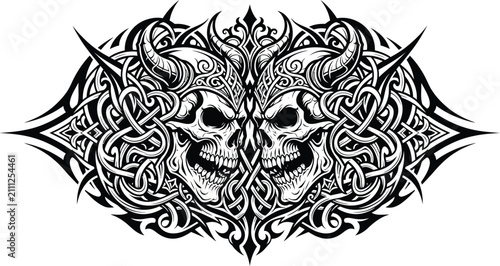 Skulls with horns are intertwined within a complex Celtic knotwork pattern in this detailed black and white illustration.