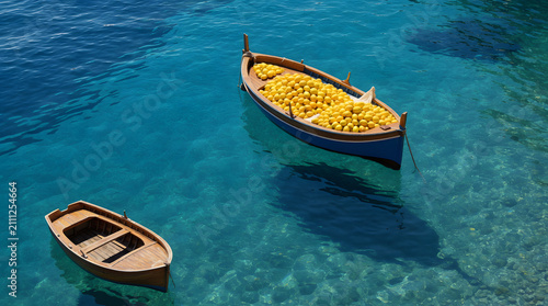 Wooden Boat Filled with Fresh Lemons Floating on Mediterranean Sea