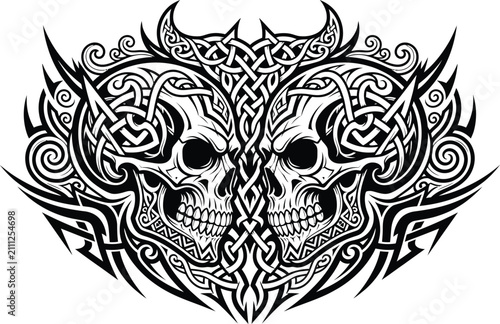 Skulls intertwined with complex Celtic knotwork patterns form a symmetrical and dark artistic emblem.