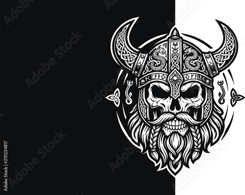 Viking warrior skull wearing a traditional horned helmet is centered on a split black and white background.